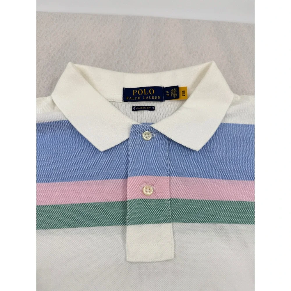 Polo Ralph Lauren Mens XL Classic Fit Short Sleeve Pique Polo White/Blue Striped